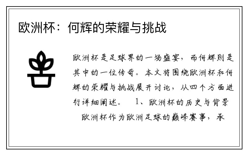 欧洲杯：何辉的荣耀与挑战