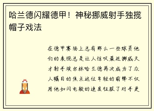 哈兰德闪耀德甲！神秘挪威射手独揽帽子戏法
